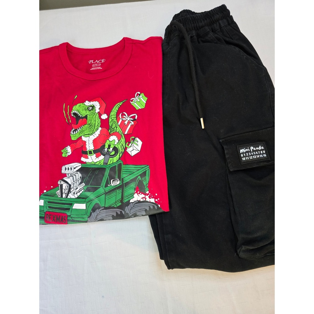Boys The Childrens Place Christmas TRex Shirt and Black Cargo Jogger Set Size 14 - Picture 2 of 8